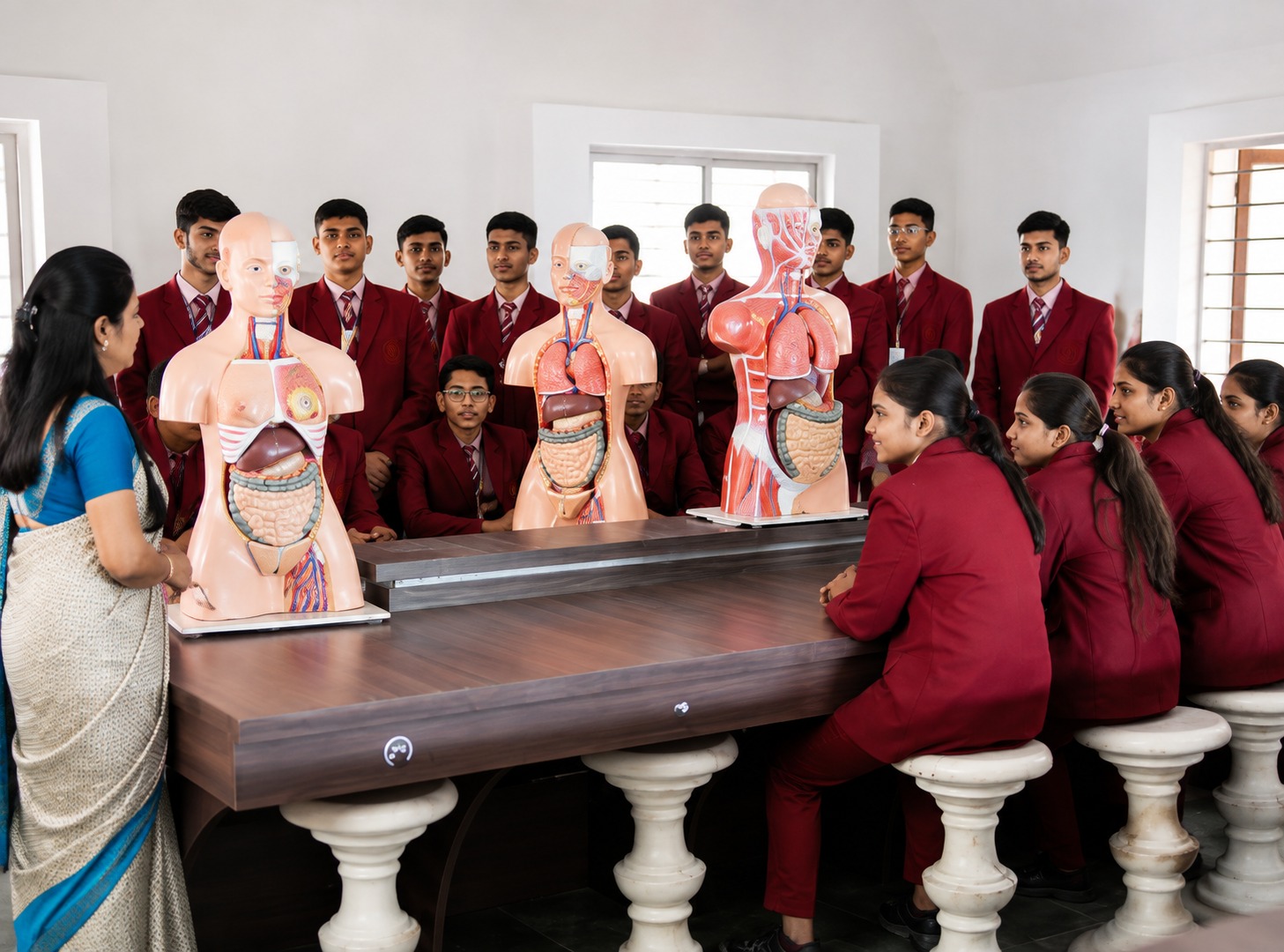 Students learning anatomy in a medical classroom